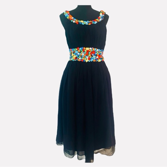 MAC DUGGAL COUTURE ~ Black Chiffon Dress with Colorful Hand Sewn Beading size 6